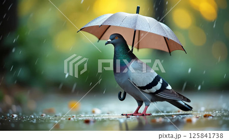 Pigeon under umbrella on rainy summer day. Caring for birds in bad weather. 125841738