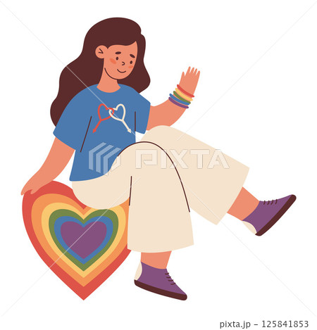 Cute Woman Sitting on Rainbow Heart And waves his hand. LGBTQ community. Festive Lesbian Girl symbolizing LGBT pride and self-love. Vector Illustration 125841853