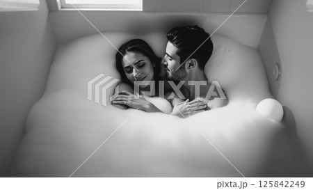 Monochrome image of a bathtub filled with foam. In the bathtub, a woman and a man in love are embracing 125842249