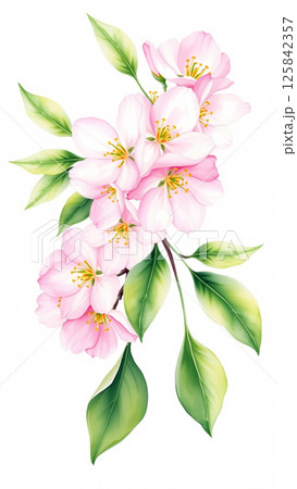 A branch of a blossoming apple tree is painted with watercolors on a white background A branch of a blossoming apple tree is painted with watercolors on a white background 125842357