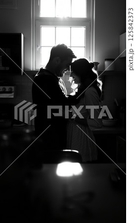 Married couple hugging in the morning in the kitchen. Man and woman in love hugging in the rays of the morning sun. Monochrome image.  125842373