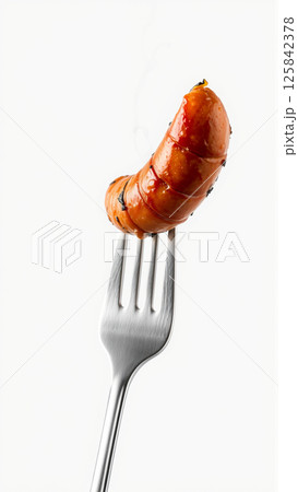 Juicy fried sausage on a white background 125842378