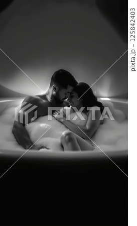 Monochrome image of a bathtub filled with foam. In the bathtub, a woman and a man in love are embracing Monochrome image of a bathtub filled with foam. In the bathtub, a woman and a man in love are embracing 125842403