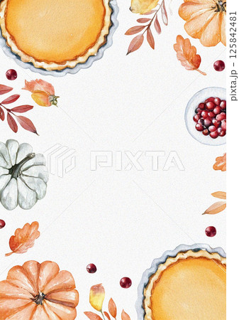 Fall harvest celebration with pumpkin pie and autumn leaves arrangement Fall harvest celebration with pumpkin pie and autumn leaves arrangement 125842481
