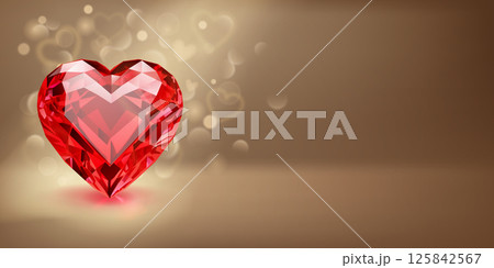 Red heart-shaped gemstone on warm background. Red heart-shaped gemstone on warm background. 125842567