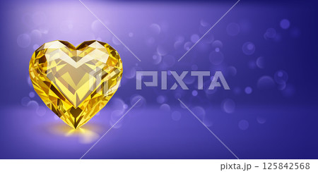 Faceted yellow heart-shaped gemstone on blue. Faceted yellow heart-shaped gemstone on blue. 125842568