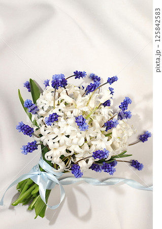 Beautiful bouquet of white hyacinth and muscari. Abstract flower arrangement for screen and design template. Spring greeting card, elegant beauty concept, gift for loved ones, Beautiful bouquet of white hyacinth and muscari. Abstract flower arrangement for screen and design template. Spring greeting card, elegant beauty concept, gift for loved ones, 125842583