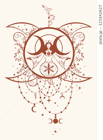 The pregnant goddess, magical triple moon, priestess. Flower of life symbol. Gothic Witch wiccan woman sacred design, moon phases. Mystical Hekate, mythology Vector isolated, boho style background  125842627
