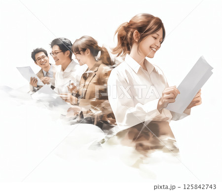 企画書に目を通す若手社員の笑顔 企画書に目を通す若手社員の笑顔 125842743