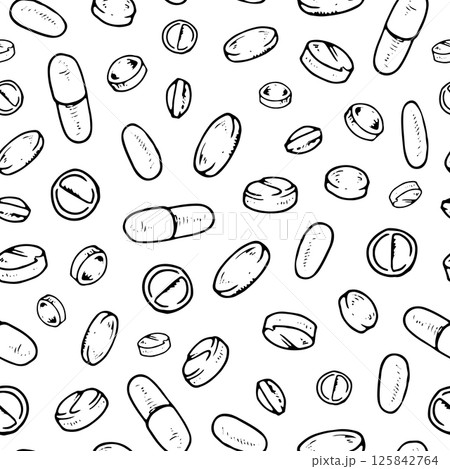 Seamless vector pattern of pills, capsules, and tablets in black and white. Hand drawn line art with vintage medical and pharmaceutical elements. Ideal for healthcare themed textiles and packaging Seamless vector pattern of pills, capsules, and tablets in black and white. Hand drawn line art with vintage medical and pharmaceutical elements. Ideal for healthcare themed textiles and packaging 125842764