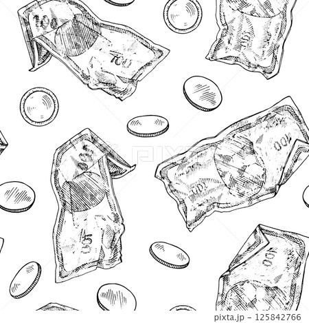 Seamless vector pattern of hand drawn money elements including crumpled banknotes and coins. Vintage black and white line art design for financial themed prints, textiles, and backgrounds 125842766
