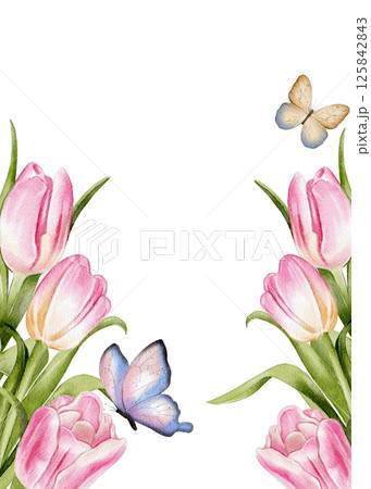 Watercolor floral frame with pink tulips 125842843