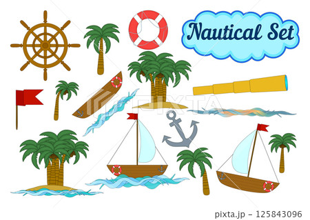 Nautical set with sailboats, boats, anchor, lifebuoy, ship wheel, spyglass, sea waves, coconut palms, and red flag on a white background. For summertime, marine, vacations, tropical, or outdoor design 125843096