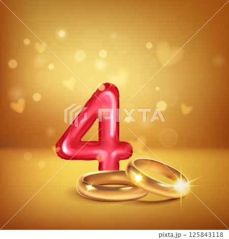 Red number 4 and gold wedding rings. 125843118