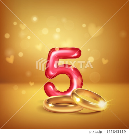 Red number 5 and gold wedding rings. Red number 5 and gold wedding rings. 125843119