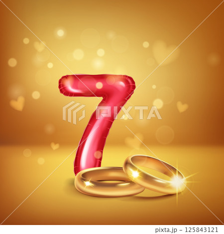 Red number 7 and gold wedding rings. Red number 7 and gold wedding rings. 125843121