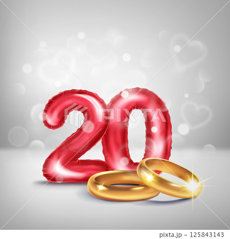 Red number 20 and gold wedding rings. Red number 20 and gold wedding rings. 125843143