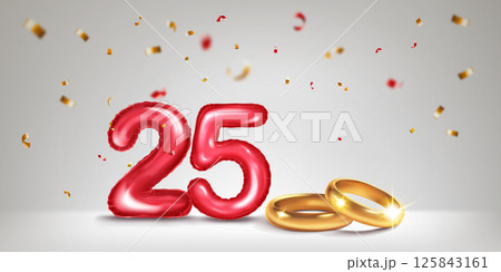 Red number 25, gold wedding rings and confetti. Red number 25, gold wedding rings and confetti. 125843161