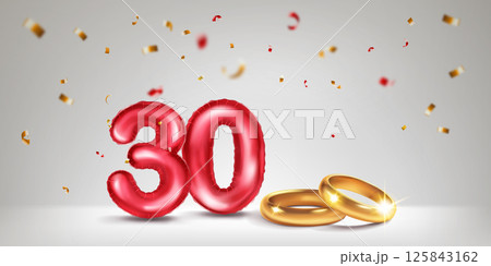 Red number 30, gold wedding rings and confetti. Red number 30, gold wedding rings and confetti. 125843162