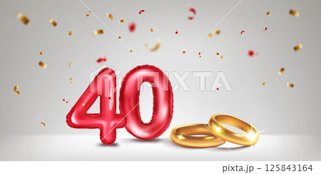 Red number 40, gold wedding rings and confetti. 125843164