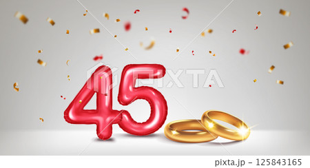 Red number 45, gold wedding rings and confetti. 125843165