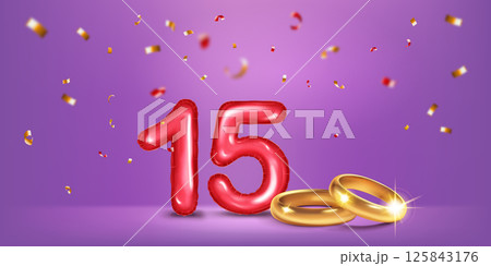 Red number 15, gold wedding rings and confetti. 125843176