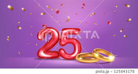 Red number 25, gold wedding rings and confetti. 125843178
