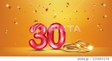 Red number 30, gold wedding rings and confetti. Red number 30, gold wedding rings and confetti. 125843179