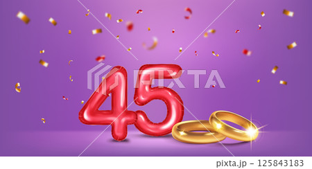 Red number 45, gold wedding rings and confetti. 125843183