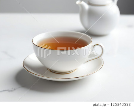 温かい紅茶とティーカップ。 125843558