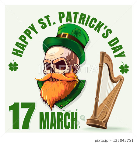 Illustration for St. Patrick's Day featuring a leprechaun skull with a red beard Illustration for St. Patrick's Day featuring a leprechaun skull with a red beard 125843751