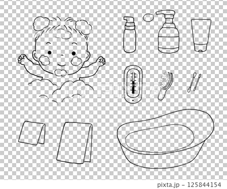 赤ちゃんの沐浴のペン画セット 125844154