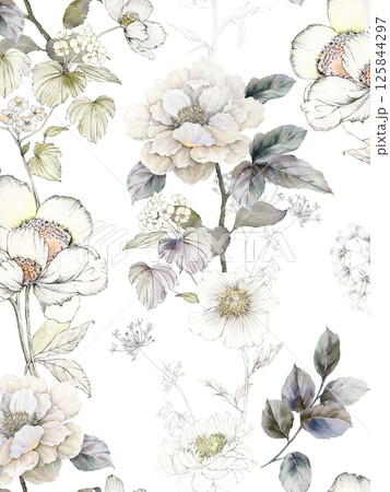 Charming Hand Rendered Scrollwork and Flower Graphics 125844297