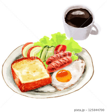水彩で描いた目玉焼きとトーストとコーヒー 125844700