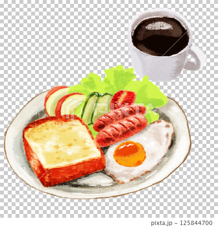 水彩で描いた目玉焼きとトーストとコーヒー 125844700