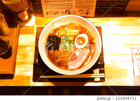ラーメン屋のカウンターに置かれたラーメン 125844731