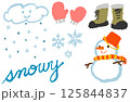 手描き感のあるシンプルでかわいい雪のイメージイラストのセット（ミトン、手袋、スノーブーツ、雪だるま） 125844837