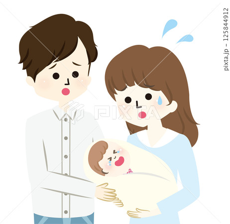 泣く赤ちゃんを抱っこする夫婦 125844912