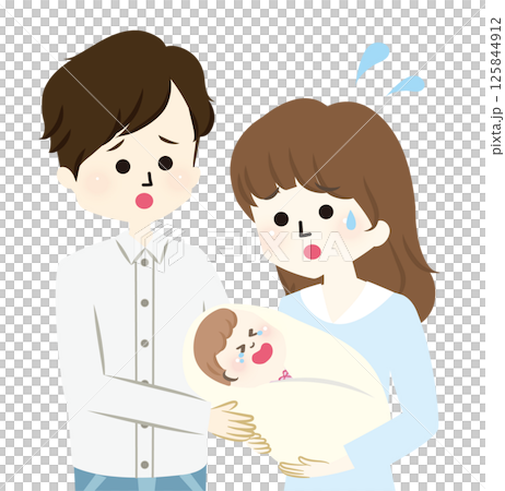 泣く赤ちゃんを抱っこする夫婦 125844912