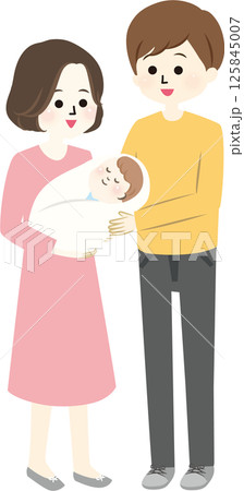 赤ちゃんを抱っこするママとパパのイラスト 125845007