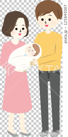 赤ちゃんを抱っこするママとパパのイラスト 125845007