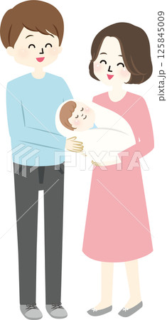 幸せそうな夫婦と赤ちゃんのイラスト 125845009