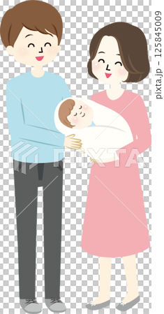 幸せそうな夫婦と赤ちゃんのイラスト 125845009