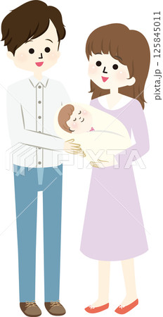 仲良し夫婦と赤ちゃんのイラスト 125845011