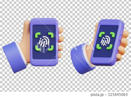Hand holding a fingerprint recognition phone 3D graphic Hand holding a fingerprint recognition phone 3D graphic 125845063