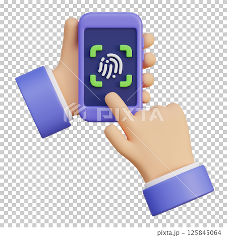 Hand holding a fingerprint recognition phone 3D graphic 125845064
