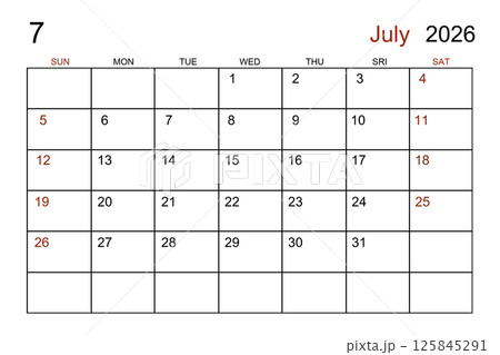 Blank white calendar page for July 2026 year for your appointment. Blank white calendar page for July 2026 year for your appointment. 125845291