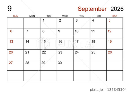 Blank white calendar page for September 2026 year for your appointment. Blank white calendar page for September 2026 year for your appointment. 125845304