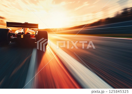 Race Car Zooming Down Track Under Bright Sky Race Car Zooming Down Track Under Bright Sky 125845325