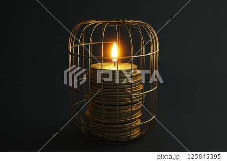 A cage with a lit candle inside and a pile of gold coins A cage with a lit candle inside and a pile of gold coins 125845395